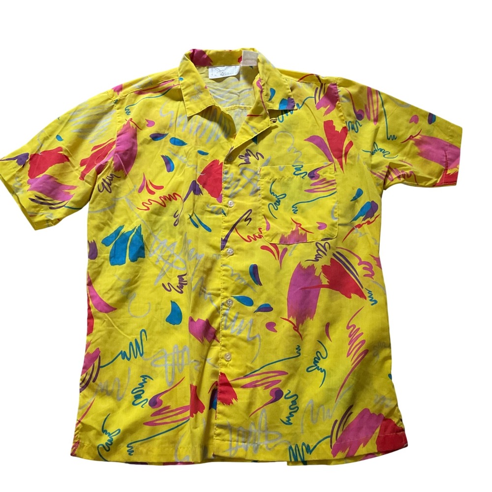 Vintage Repage Yellow Abstract Memphis Print Short Sleeve Button Down Shirt Mens